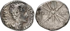 Roman Imperial Augustus. 27 BC-AD 14. AR Denarius (20mm, 3.58 g, 6h). Uncertain Spanish mint (Colonia Patricia?). Struck circa 18 BC. Laureate head right / DIVVS • IVLIVS across field, Comet with eigh