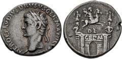 Roman Imperial Nero Claudius Drusus. Died 9 BC. AR Denarius (19mm, 3.58 g, 2h). Lugdunum (Lyon) mint. Struck under Claudius, AD 41-42. NERO CLAVDIVS • DRVSVS GERMANICVS [IMP], head left, wearing oak w