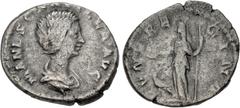 Roman Imperial Manlia Scantilla. Augusta, AD 193. AR Denarius (18mm, 2.99 g, 7h). Rome mint. Struck under Didius Julianus. Draped bust right / Juno standing left, holding patera and vertical scepter; 