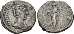 Roman Imperial Didia Clara. Augusta, AD 193. AR Denarius (16.5mm, 3.13 g, 7h). Rome mint. Struck under Didius Julianus. Draped bust right / Hilaritas standing left, holding long palm frond and cornuco