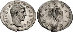 Roman Imperial Divus Caracalla . Died AD 217. AR Denarius (21mm, 2.73 g, 12h). Rome mint. Struck under Elagabalus or Severus Alexander. DIVO ANTONINO MAGNO, bare head right / CONSECRATIO, eagle standi