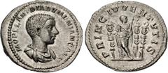 Roman Imperial Diadumenian. As Caesar, AD 217-218. AR Denarius (21mm, 3.24 g, 6h). Rome mint. 2nd emission of Macrinus, AD 217-218. Bareheaded and draped bust right / Diadumenian standing slightly lef