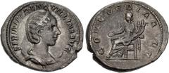 Roman Imperial Tranquillina. Augusta, AD 241-244. AR Antoninianus (23mm, 5.59 g, 12h). Rome mint. Special emission, AD 243. Draped bust right, wearing stephane, set on crescent / Concordia seated left