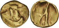 British CELTIC, Atrebates & Regni(?). Uninscribed. Circa 80-50 BC. AV Quarter Stater (13mm, 1.51 g). "Boat" with two masts or stylized standing figures / Crude split line. Apparently unpublished, but 