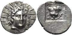 ISLANDS off CARIA, Rhodos. Rhodes . Circa 125-88 BC. AR Hemidrachm (13mm, 1.34 g, 12h). ‘Plinthophoric’ coinage. Timasipos, magistrate. Radiate head of Helios facing slightly right / Rose with bud to 