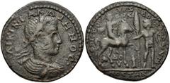 LYDIA, Mostene. Gallienus. AD 253-268. Æ 28mm (10.86 g, 7h). Laureate, draped, and cuirassed bust right, seen from behind / Radiate deity on horseback right, holding labrys over shoulder; horse being 