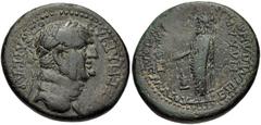 LYDIA, Philadelphia. Vespasian. AD 69-79. Æ 23mm (8.48 g, 6h). Herodes and Polemaios, epimelethentes. Laureate head right / Zeus Lydios standing left, holding phiale over altar and scepter. RPC II 132
