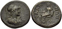 LYDIA, Sala. Pseudo-autonomous issue. Time of Trajan, AD 98-117. Æ 20mm (5.18 g, 7h). Helmeted bust of Athena right, wearing aegis / Cybele seated left, holding phiale, resting elbow on tympanum; lion