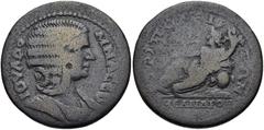 LYDIA, Tripolis. Julia Domna. Augusta, AD 193-217. Æ 30mm (16.05 g, 6h). Draped bust right / River-god Maeander reclining left, holding reed and cornucopia, resting on overturned urn. SNG München -; S
