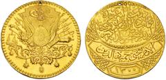 Post-Mongol Dynasties, Ottoman Empire and the East Ottoman Empire. Abdülhamid II. AH 1293-1327 / AD 1876-1909. Gold Imtiyaz Medal (37mm, 36.18 g, 12h). Dated AH 1300 (AD 1883). In upper cartouche: thr