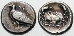 Estimate $2000 SICILY, Akragas. Circa 490-480 BC. AR Pentalitron (4.01 gm). Eagle standing left; AKPA / Crab. Toned VF. Apparently unpublished and unique! ($2000) This coin is most similar to Jenkins'
