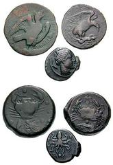 Estimate $300 SICILY, Akragas. Before 406 BC. Æ Hemilitron (17.40 gm). Eagle standing right, head raised, on fish / Crab, holding snake in claw; conch and octopus below, six pellets around. Calciati I