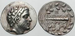 Estimate $750 MACEDON, Kings of. Philip V. 221-179 BC. AR Didrachm (8.23 gm). Struck 182-179 BC. Diademed head right / Club within wreath, one monogram above, two monograms below; thunderbolt to left.