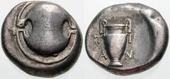 Estimate $250 BOEOTIA, Thebes. Circa 395/390-338 BC. AR Stater (11.91 gm). Boeotian shield / Amphora; T/A left, I/N right. Hepworth, "The 4th Century BC Magistrate Coinage of the Boiotian Confederacy,