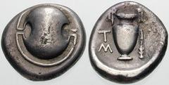 Estimate $250 BOEOTIA, Thebes. Circa 395/390-338 BC. AR Stater (11.73 gm). Boeotian shield / Amphora; T/M left, I and a club right. Hepworth, "The 4th Century BC Magistrate Coinage of the Boiotian Con