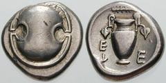 Estimate $250 BOEOTIA, Thebes. Circa 395/390-338 BC. AR Stater (12.05 gm). Boeotian shield / Amphora; E/V left, E right, ivy leaf hanging from each handle, club to the left above. Hepworth, "The 4th C