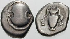Estimate $200 BOEOTIA, Thebes. Circa 395/390-338 BC. AR Stater (12.05 gm). Boeotian shield / Amphora; E left, XE right, ivy leaf hanging from each handle, club to the left above. Hepworth, "The 4th Ce