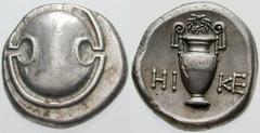 Estimate $300 BOEOTIA, Thebes. Circa 395/390-338 BC. AR Stater (10.68 gm). Boeotian shield / Amphora; HI left, KE right, wreath above. Hepworth, "The 4th Century BC Magistrate Coinage of the Boiotian 