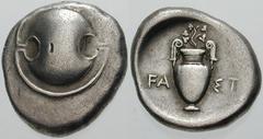 Estimate $300 BOEOTIA, Thebes. Circa 395/390-338 BC. AR Stater (11.37 gm). Boeotian shield / Amphora; FA left, ST right, vine with four leaves and a berry above. Hepworth, "The 4th Century BC Magistra