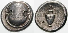 Estimate $250 BOEOTIA, Thebes. Circa 395/390-338 BC. AR Stater (11.83 gm). Boeotian shield / Amphora; XA left, PO right, wreath above. Hepworth, "The 4th Century BC Magistrate Coinage of the Boiotian 
