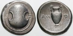 Estimate $400 BOEOTIA, Thebes. Circa 395/390-338 BC. AR Stater (12.21 gm). Boeotian shield / Amphora; AM left, FI right. Hepworth, "The 4th Century BC Magistrate Coinage of the Boiotian Confederacy," 