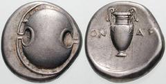 Estimate $250 BOEOTIA, Thebes. Circa 395/390-338 BC. AR Stater (10.94 gm). Boeotian shield / Amphora; ON left, AS right. Hepworth, "The 4th Century BC Magistrate Coinage of the Boiotian Confederacy," 
