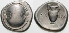Estimate $300 BOEOTIA, Thebes. Circa 395/390-338 BC. AR Stater (12.02 gm). Boeotian shield / Amphora; ÐA left, IM right. Hepworth, "The 4th Century BC Magistrate Coinage of the Boiotian Confederacy," 