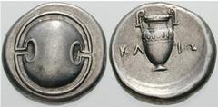 Estimate $400 BOEOTIA, Thebes. Circa 395/390-338 BC. AR Stater (12.11 gm). Boeotian shield / Amphora; KL left, IW right. Hepworth, "The 4th Century BC Magistrate Coinage of the Boiotian Confederacy," 