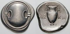 Estimate $400 BOEOTIA, Thebes. Circa 395/390-338 BC. AR Stater (12.30 gm). Boeotian shield / Amphora; AR left, KA right. Hepworth, "The 4th Century BC Magistrate Coinage of the Boiotian Confederacy," 