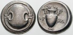 Estimate $300 BOEOTIA, Thebes. Circa 395/390-338 BC. AR Stater (11.94 gm). Boeotian shield / Amphora with vine leaves on the handles; AR left, KA right. Hepworth, "The 4th Century BC Magistrate Coinag