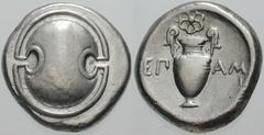 Estimate $500 BOEOTIA, Thebes. Circa 395/390-338 BC. AR Stater (12.09 gm). Boeotian shield / Amphora; EP left, AM/I right, rose above. Hepworth, "The 4th Century BC Magistrate Coinage of the Boiotian 