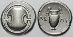 Estimate $400 BOEOTIA, Thebes. Circa 395/390-338 BC. AR Stater (12.09 gm). Boeotian shield / Amphora; QE left, OT right. Hepworth, "The 4th Century BC Magistrate Coinage of the Boiotian Confederacy," 
