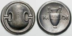 Estimate $400 BOEOTIA, Thebes. Circa 395/390-338 BC. AR Stater (12.24 gm). Boeotian shield / Amphora; KA left, LLI right. Hepworth, "The 4th Century BC Magistrate Coinage of the Boiotian Confederacy,"