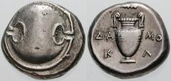 Estimate $300 BOEOTIA, Thebes. Circa 395/390-338 BC. AR Stater (12.28 gm). Boeotian shield / Amphora; ÐA/K left, MO/L right, club to the right above. Hepworth, "The 4th Century BC Magistrate Coinage o