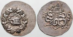 Estimate $250 MYSIA, Pergamon. Circa 88-85 BC. AR Cistophoric Tetradrachm (12.50 gm). Cista mystica with serpent; all within ivy wreath / Bow-case with serpents; snake-entwined staff to the right, mon