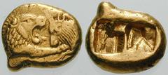 Estimate $3500 LYDIA, Kings of. Time of Kroisos to 520 BC or later. AV Stater (8.05 gm). Light Series. Struck at Sardes. Confronted foreparts of a roaring lion facing right and bull facing left / Doub