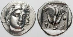 Estimate $600 CARIA, Islands off. Rhodes. Circa 340 BC. AR Didrachm (6.94 gm). Facing head of Helios, slightly right / Rose; bud to right, grape cluster and E to left. SNG Helsinki 436ff. Good VF. Sca