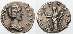 Estimate $2000 DIDIA CLARA, daughter of Didius Julianus. AR Denarius (3.09 gm). Struck April-June 193 AD. Draped bust right / Hilaritas standing left, holding branch and cornucopiae. RIC IV 10 (Didius