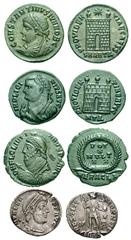 Estimate $250 Lot of Four Late Roman Issues. Includes the following: Licinius I. Æ Follis, Heraclea mint. Camp Gate. RIC VII 15 // Constantine II. Æ Follis. Antioch mint. Camp gate. RIC VII 65 // Juli