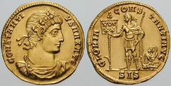 Estimate $1500 CONSTANTIUS II. 337-361 AD. AV Solidus (4.53 gm). Struck 355-357 AD. Siscia mint. Diademed, draped and cuirassed bust right / Constantius in military attire standing left, holding labar