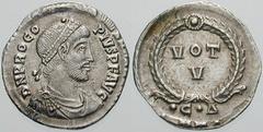 Estimate $1250 PROCOPIUS. 365-366 AD. AR Siliqua (1.76 gm). Constantinople mint. Diademed, draped and cuirassed bust right / VOT V in two lines in laurel wreath; •C•Ð. RIC IX 13e.12; RSC 14d. Good VF.
