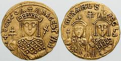 Estimate $3500 MICHAEL III, with Theodora as Regent. 842-843. AV Solidus (4.32 gm). Crowned bust of Theodora, wearing loros, holding globus cruciger and sceptre / Three-quarter length figures of Micha