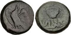 Greek SICILY, Akragas. Circa 415-406 BC. Æ Hemilitron (27mm, 20.61 g, 8h). Eagle standing let, head raised, wings spread, on fish; cicada to right / Crab; below, triton right, blowing conch; six pelle