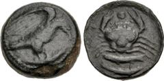 Greek SICILY, Akragas. Circa 415-406 BC. Æ Hexas (18.5mm, 7.31 g, 10h). Eagle standing right, wings raised, on fish right / Crab; pellets in field, two fish below. Westermark, Coinage, Series Fish a, 