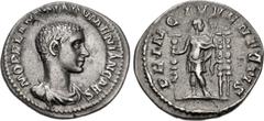 Roman Imperial Diadumenian. As Caesar, AD 217-218. AR Denarius (20mm, 2.89 g, 12h). Rome mint. 2nd emission of Macrinus. Bareheaded and draped bust right / Diadumenian standing slightly left, head rig
