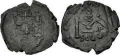 Byzantine Constans II, with Constantine IV. 641-668. Æ Follis (24.5mm, 4.35 g, 6h). Syracuse mint. Struck 654-659. Constans, wearing long beard and holding long cross, and Constantine IV, beardless an
