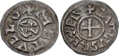 Early Medieval CAROLINGIANS. Charles le Chauve (the Bald). As Charles II, King of West Francia, 840-877. AR Denier (21mm, 1.62 g, 7h). Type A(a). Metullo (Melle) mint. + CARLVS REX FR, cross pattée / 