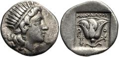 ISLANDS off CARIA, Rhodos. Rhodes . Circa 188-170 BC. AR Drachm (16mm, 2.86 g, 11h). ‘Plinthophoric’ coinage. Menodoros, magistrate. Radiate head of Helios right / Rose with bud to right; thunderbolt 