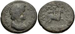 LYDIA, Attaleia. Pseudo-autonomous issue. 3rd century AD. Æ 19mm (4.97 g, 7h). Draped bust of the Senate right / Horseman advancing right, holding labrys. SNG Copenhagen -; SNG von Aulock 2909. Fine, 
