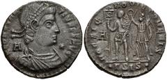 Constantius II. AD 337-361. Æ Centenionalis (22mm, 4.76 g, 1h). Siscia mint, 3rd officina. Struck AD 350. Pear-diademed, draped and cuirassed bust right; A behind, * before / HOC SIG-NO VICTOR ERIS, e